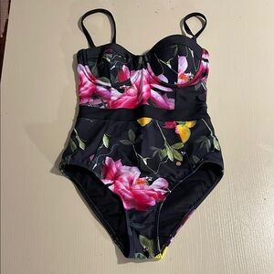 Ted Baker London Black Floral One Piece Swimsuit- Size 32C/D